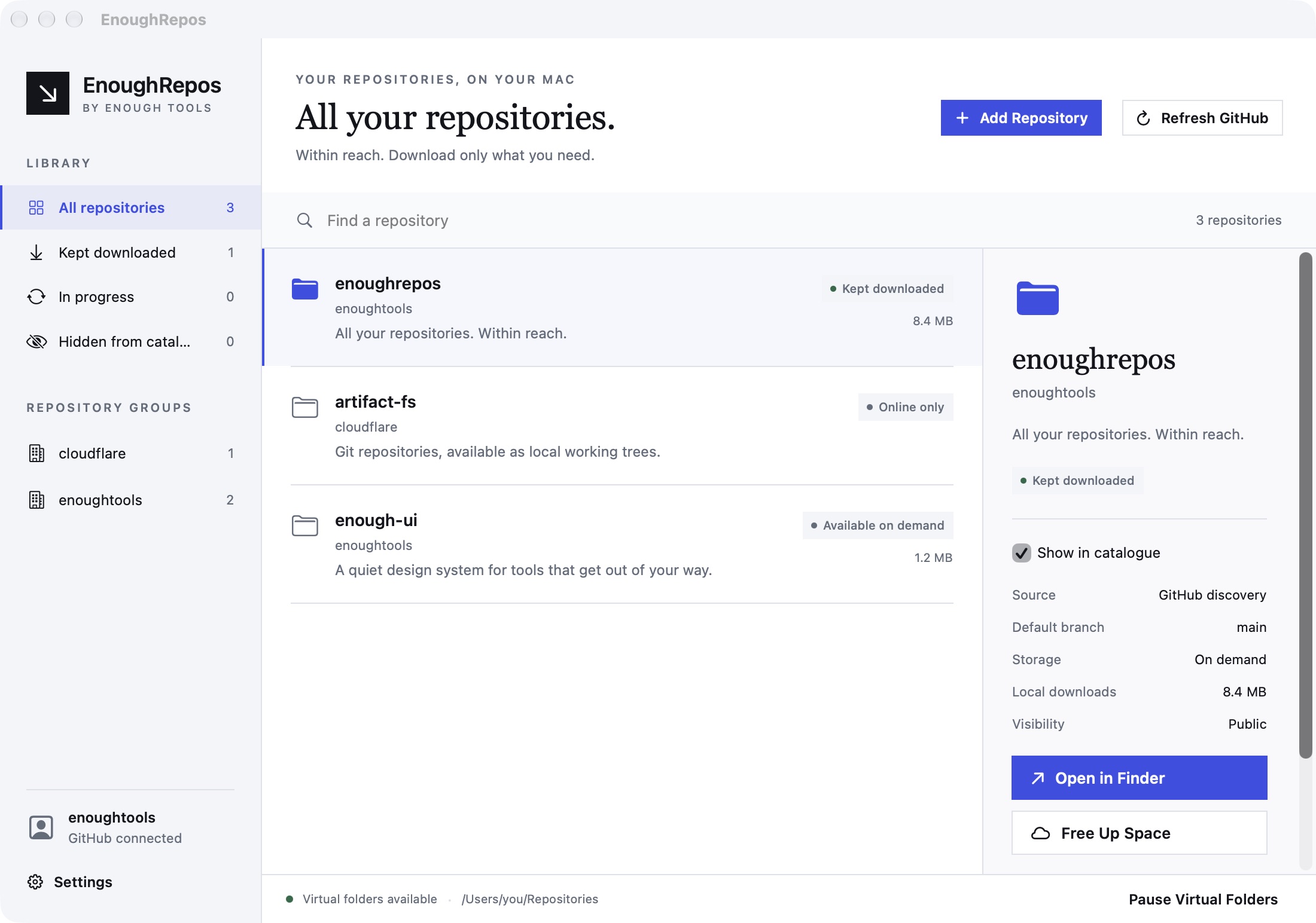 EnoughRepos showing repository visibility controls and downloaded status in the catalogue.