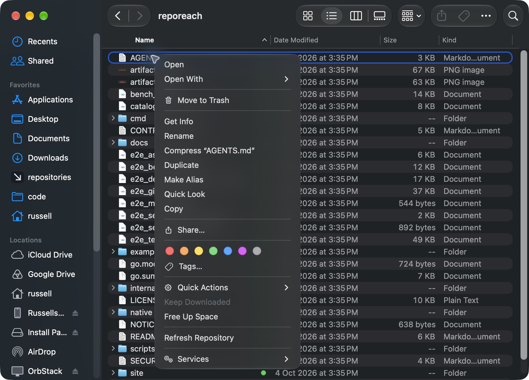EnoughRepos actions in a repository's Finder context menu: Keep Downloaded, Free Up Space, and Refresh.